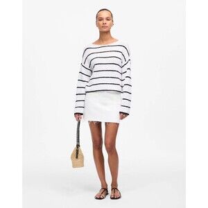 MADEWELL Boatneck Pullover Sweater S White Black Mini Stripe Cropped NWT B74